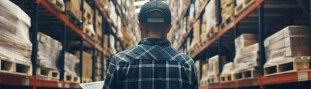 A warehouse worker inspects inventory in a large storage facility, surrounded by stacked pallets and shelves of products.の素材