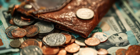 A close-up of a wallet surrounded by various coins and banknotes, depicting financial concepts and currency management.の素材