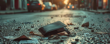 A discarded wallet lies on a wet street, reflecting the warm glow of sunset. A moment of urban solitude captured in vivid detail.の素材