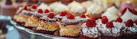 Indulge in a tempting display of delicious cupcakes topped with vibrant berries and creamy frosting, perfect for any celebration.の素材