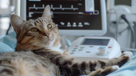 A tabby cat relaxes in a veterinary clinic, showcasing medical equipment and a heart monitor in a comforting environment.の素材