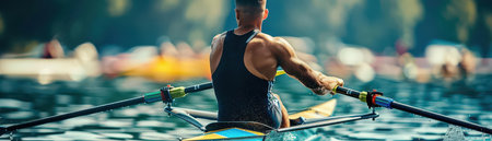A focused athlete rowing on a calm lake, showcasing strength and concentration in this serene water scene.の素材
