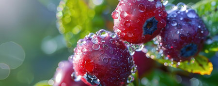 Close-up of fresh berries with water droplets, showcasing nature's vibrant colors and the beauty of ripe fruit in a natural setting.の素材