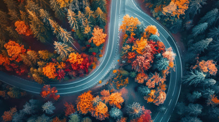 Aerial view of a winding road surrounded by vibrant autumn trees, showcasing stunning fall colors and natural beauty.の素材