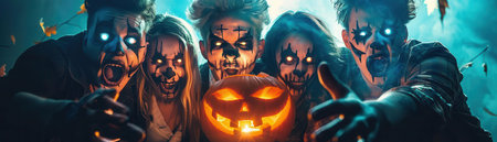 A spooky Halloween scene featuring zombies and a glowing pumpkin, perfect for horror or festive themes.の素材