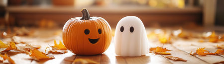 A cheerful pumpkin and a friendly ghost sit together among colorful autumn leaves, capturing the spirit of Halloween.の素材