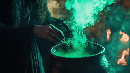 Enchanting scene of a witch mixing a potion in a cauldron, surrounded by mystical smoke and a warm fireplace glow.の素材