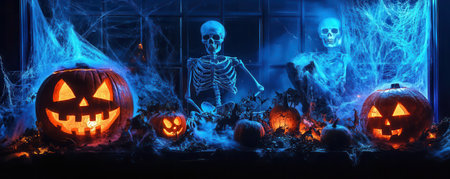 Spooky Halloween scene featuring glowing pumpkins, skeletons, and cobwebs, perfect for creating a festive atmosphere.の素材