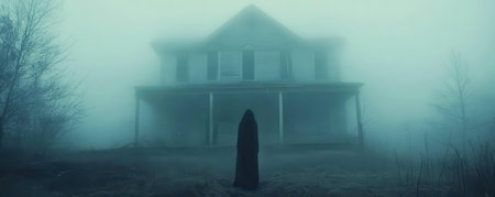 A mysterious figure stands in front of an eerie, fog-covered house, creating a haunting atmosphere.の素材