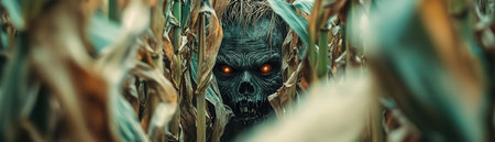 A haunting figure emerges from a cornfield, surrounded by dried stalks, evoking a sense of mystery and fear in the rural landscape.の素材