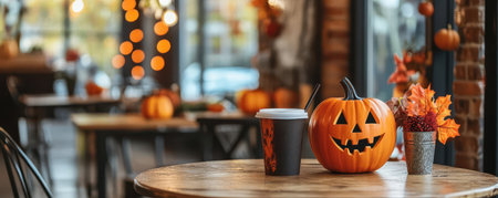 A cozy autumn scene featuring a smiling pumpkin, coffee cup, and vibrant leaves, perfect for Halloween themes.の素材
