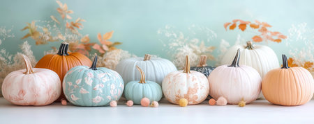 A vibrant display of decorative pumpkins in pastel colors against a soft backdrop, perfect for autumn themes and holiday decor.の素材