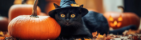 A black cat wearing a witch hat poses beside pumpkins, perfect for Halloween-themed projects and seasonal decorations.の素材