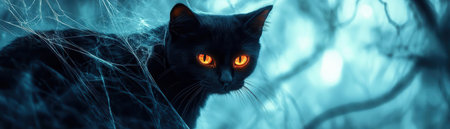 A mysterious black cat with glowing eyes navigates through an enchanting, ethereal forest filled with mist and webs.の素材