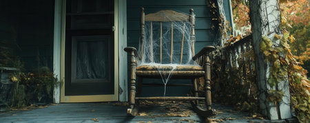 An abandoned rocking chair adorned with cobwebs, evoking a sense of nostalgia and mystery on a quiet porch.の素材
