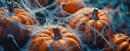 Close-up of pumpkins covered in eerie spider webs, capturing the essence of autumn and Halloween.の素材