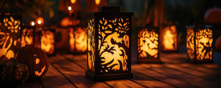 A collection of beautifully designed lanterns casting warm, inviting light, perfect for autumn and Halloween-themed settings.の素材