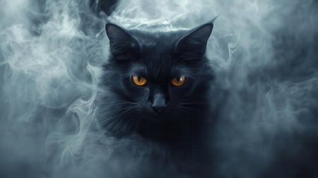 A mysterious black cat emerges from a cloud of fog, showcasing striking orange eyes and an enigmatic aura.の素材