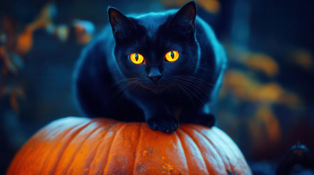 A mystical black cat with glowing yellow eyes perched on a vibrant orange pumpkin, set against a dreamy twilight background.の素材