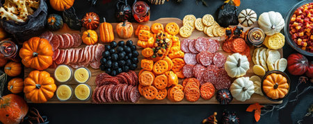 A vibrant autumn spread featuring pumpkins, fruits, and meats, perfect for seasonal gatherings and celebrations.の素材