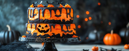 A festive Halloween cake decorated with orange and black icing, featuring spooky designs and pumpkins for a seasonal celebration.の素材