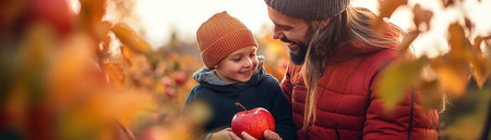 A joyful moment between a parent and child in an autumn orchard, sharing a fresh apple amidst vibrant foliage.の素材