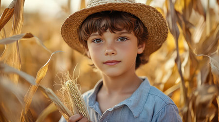 A young boy in a straw hat holds corn in a golden field, capturing the essence of rural life and childhood innocence.の素材