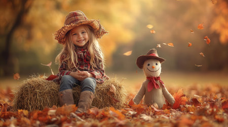 A cheerful girl in a straw hat sitting on hay, surrounded by autumn leaves and a friendly scarecrow, embodying fall joy.の素材