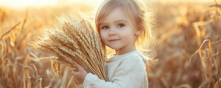 A joyful girl holds wheat in a golden field, embodying the beauty of nature and childhood in a serene landscape.の素材