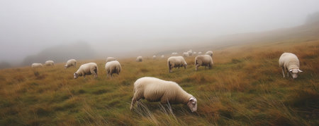 A serene landscape featuring grazing sheep in a misty field, capturing the essence of rural tranquility and natural beauty.の素材