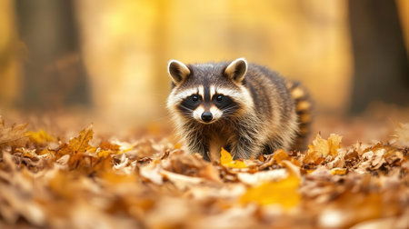 A curious raccoon explores a forest covered in autumn leaves, showcasing nature's beauty and wildlife in a vibrant setting.の素材