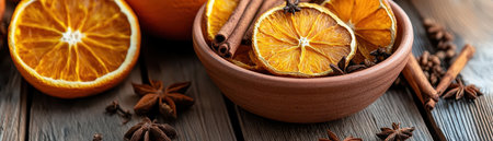 A warm and inviting arrangement of dried orange slices, cinnamon sticks, and star anise in a rustic bowl on a wooden surface.の素材