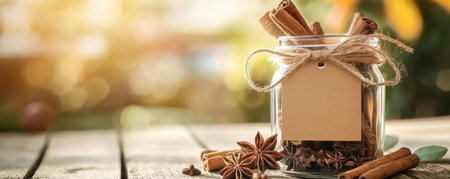 A glass jar filled with spices like cinnamon and star anise, beautifully presented on a wooden surface with a warm, inviting background.の素材