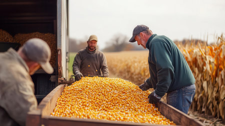 Farmers harvesting corn and loading it onto a truck in a golden field, showcasing teamwork and rural agriculture.の素材