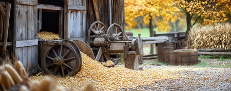 Autumn scene with a rustic barn, showcasing golden corn spilling from wooden wheels, evoking nostalgia and harvest bounty.の素材