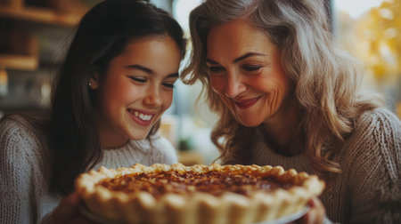 A joyful moment between a grandmother and granddaughter admiring a freshly baked pie, symbolizing love and family traditions.の素材