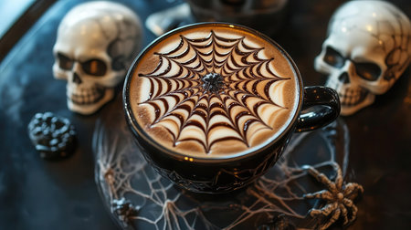A spooky coffee cup with spider web design, surrounded by decorative skulls, perfect for Halloween-themed visuals.の素材