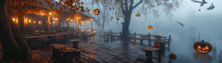 A spooky autumn scene featuring a misty dock illuminated by lanterns and Halloween decorations, perfect for seasonal inspiration.の素材