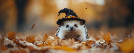 A cute hedgehog wearing a witch hat surrounded by colorful autumn leaves, perfect for Halloween-themed projects.の素材