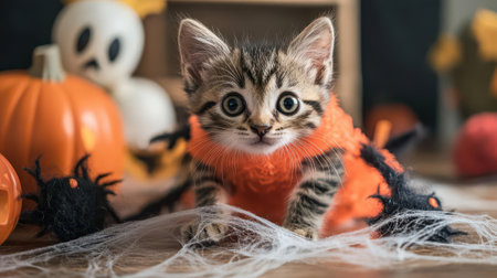 Adorable kitten in a Halloween costume surrounded by pumpkins and spider webs, perfect for festive pet themes.の素材