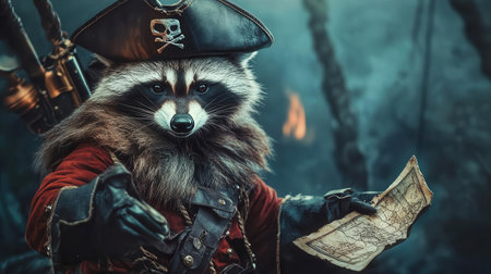 A whimsical raccoon dressed as a pirate holds a treasure map in a mysterious forest, adding adventure and charm to any scene.の素材