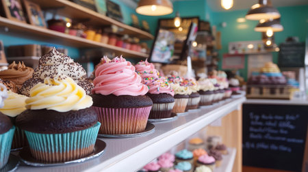 A delightful display of colorful cupcakes in a charming bakery, showcasing various frosting designs and toppings.の素材