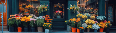 A vibrant flower shop display featuring various colorful plants in pots, creating a cheerful and inviting atmosphere.の素材