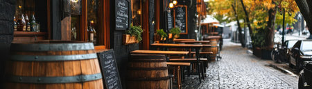Charming outdoor cafe setting with wooden barrels and autumn foliage, evoking a cozy atmosphere on a rainy day.の素材