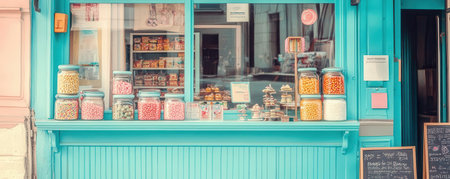 Charming candy shop facade featuring colorful jars filled with sweets and treats, inviting customers to explore delightful choices.の素材