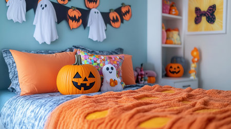 A cozy Halloween-themed bedroom featuring pumpkins, ghosts, and vibrant orange decor, perfect for seasonal celebration and fun.の素材