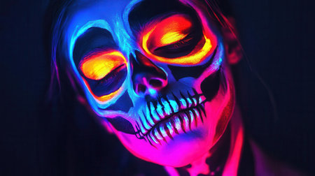 A vibrant skull face paint design with captivating neon colors, showcasing artistry and creativity for Halloween or festive celebrations.の素材