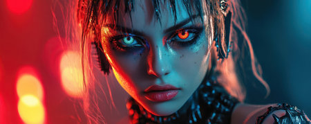 A striking portrait of a cyberpunk-inspired woman with vivid makeup and intense gaze, set against a dramatic, colorful background.の素材