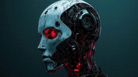 Futuristic robot head with glowing red eyes and intricate mechanical details, symbolizing advanced technology and AI.の素材