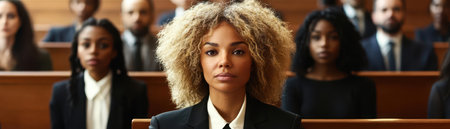 A focused woman sits in a courtroom, surrounded by attentive audience members, highlighting the seriousness of the legal process.の素材